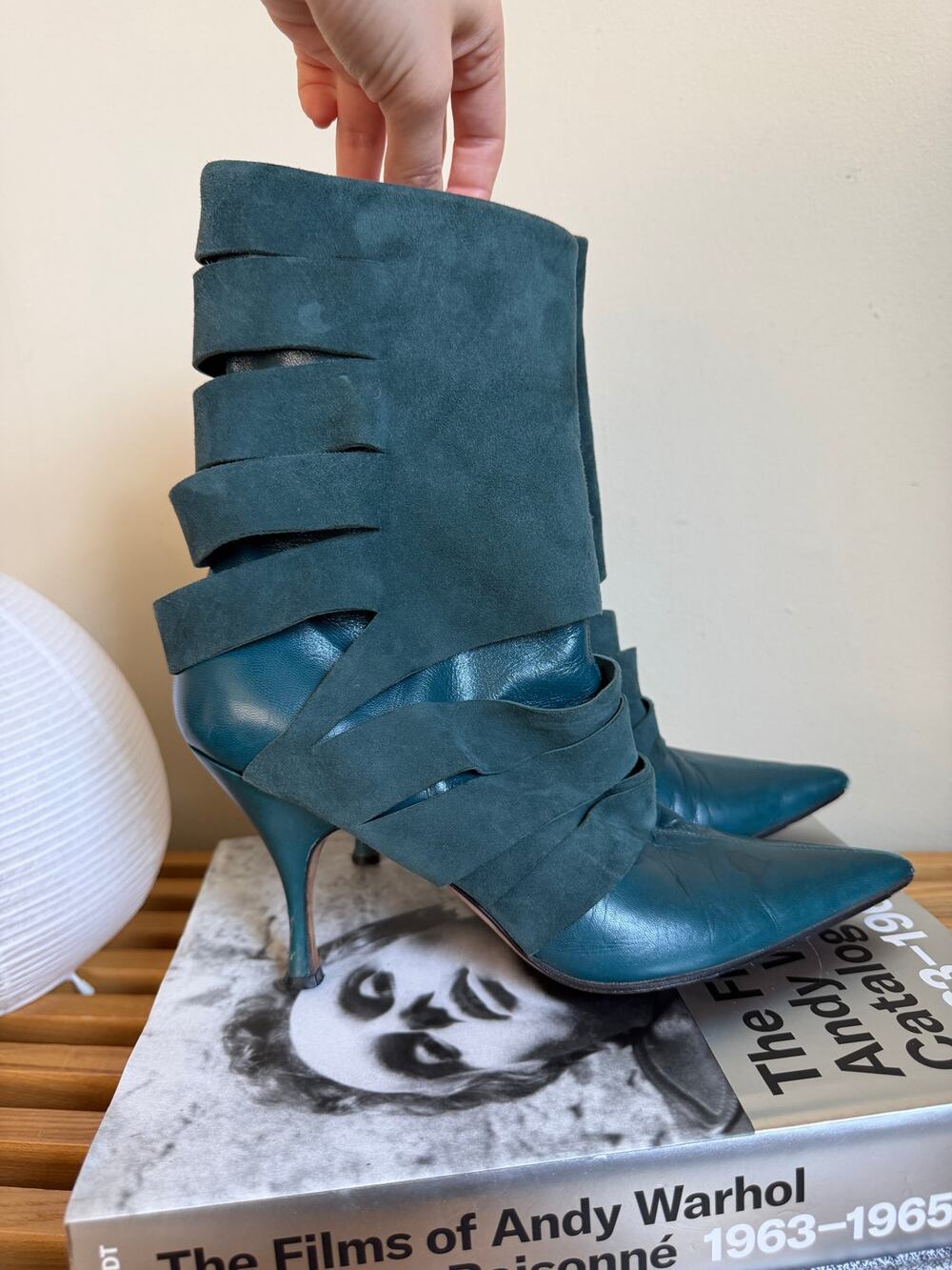 Vintage Christian Dior Galliano Era Teal Leather & Suede Cutout Ankle Boots
